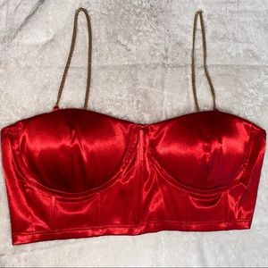 New! Red Satin Cropped Bustier With Chain Straps